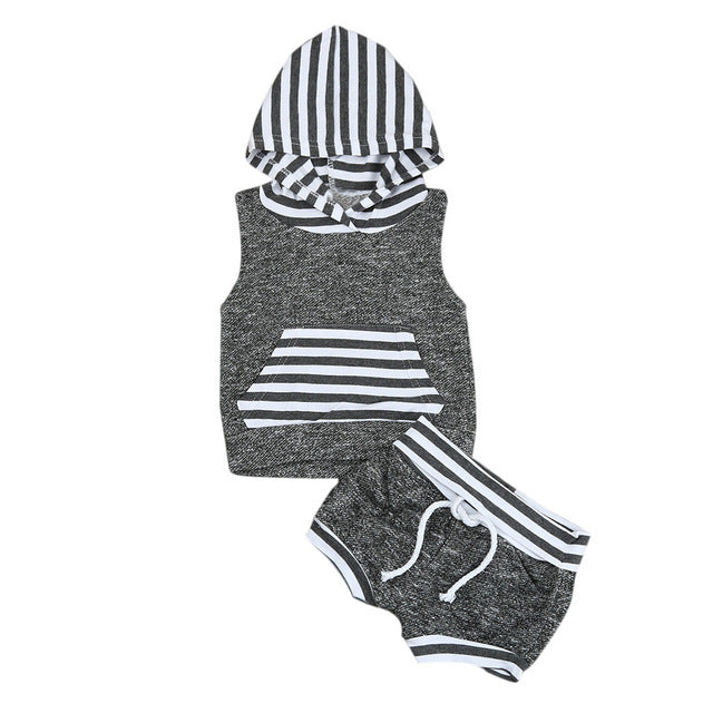 Babies kids Striped Casual Hooded Clothing Set Summer Infant Baby Boy Kid Outfits Clothes Hoodie Vest Tops+Pants 2pcs Set