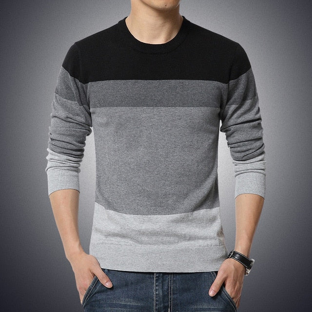 Men's Casual O-Neck Striped Pullover Sweater
