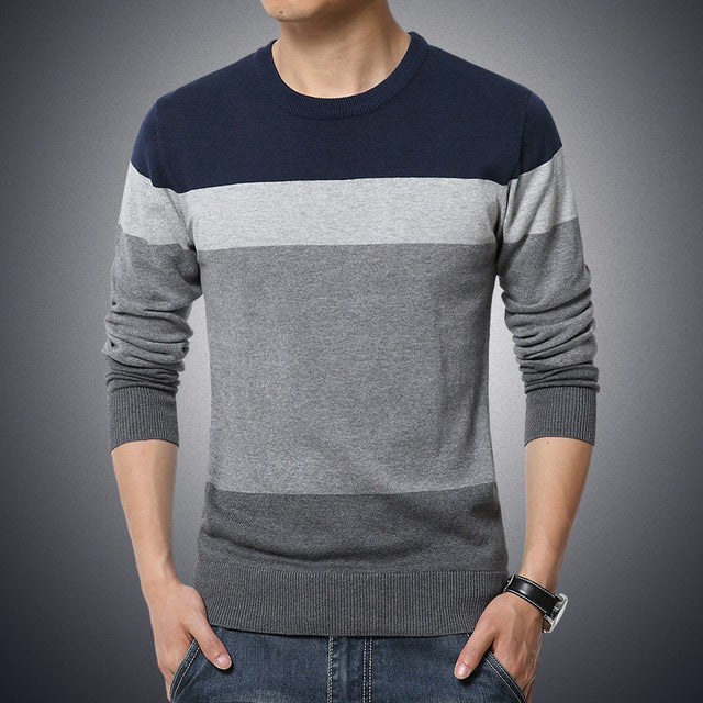 Men's Casual O-Neck Striped Pullover Sweater