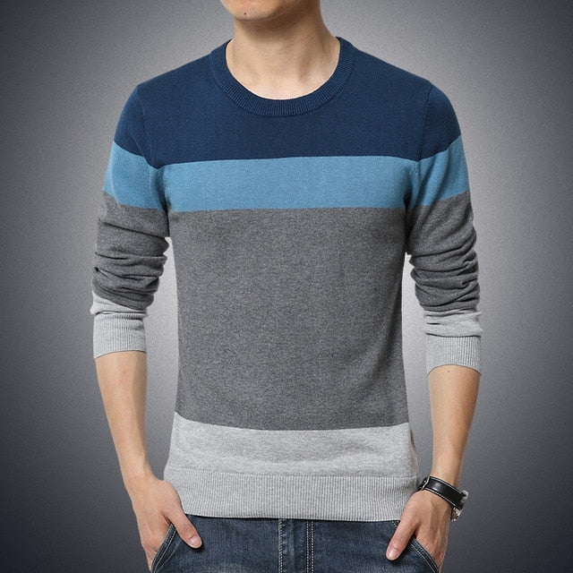 Men's Casual O-Neck Striped Pullover Sweater
