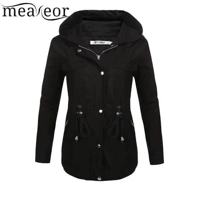 Meaneor Women Hooded Thick Warm Coat 100% Cotton Long Sleeve Solid Zip-up Lightweight Zipper Drawstring Jacket Coats Outwear Top