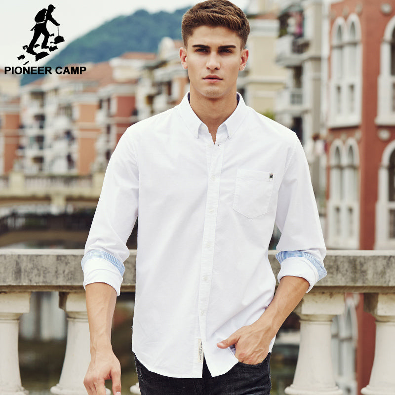 Pioneer Camp casual shirt men brand clothing   new long sleeve slim fit solid male shirt quality 100% cotton white 666211