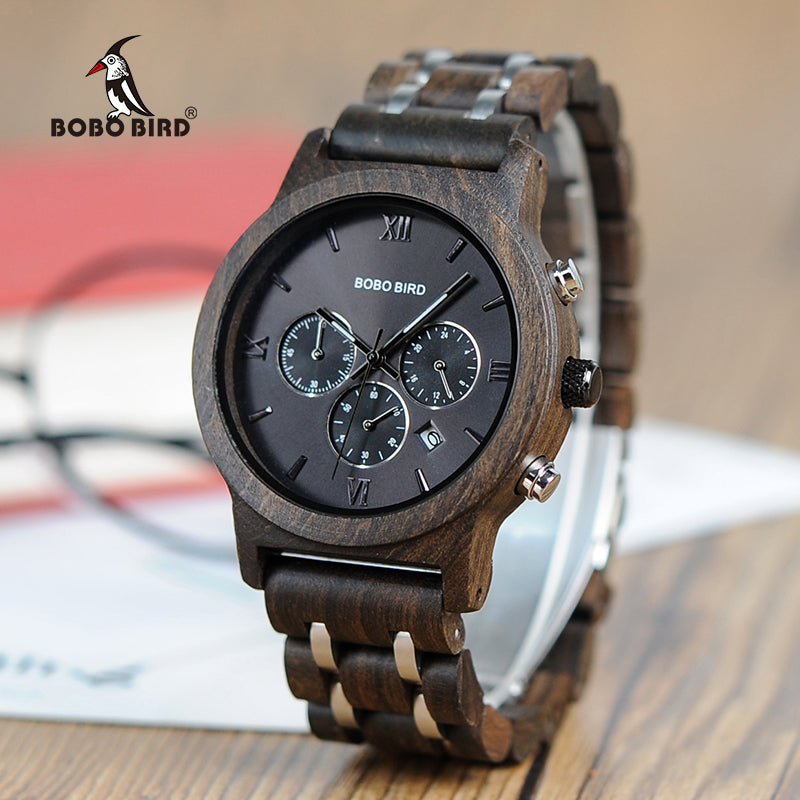 BOBO BIRD V-P19 Wood Watches Men Business Luxury Stop Watch Color Optional with Wood Stainless Steel Band