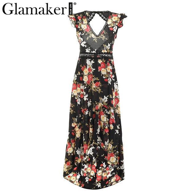 Glamaker   deep V neck backless summer dress Women floral print bohemian maxi dress Hollow out irregular long dress vestidos