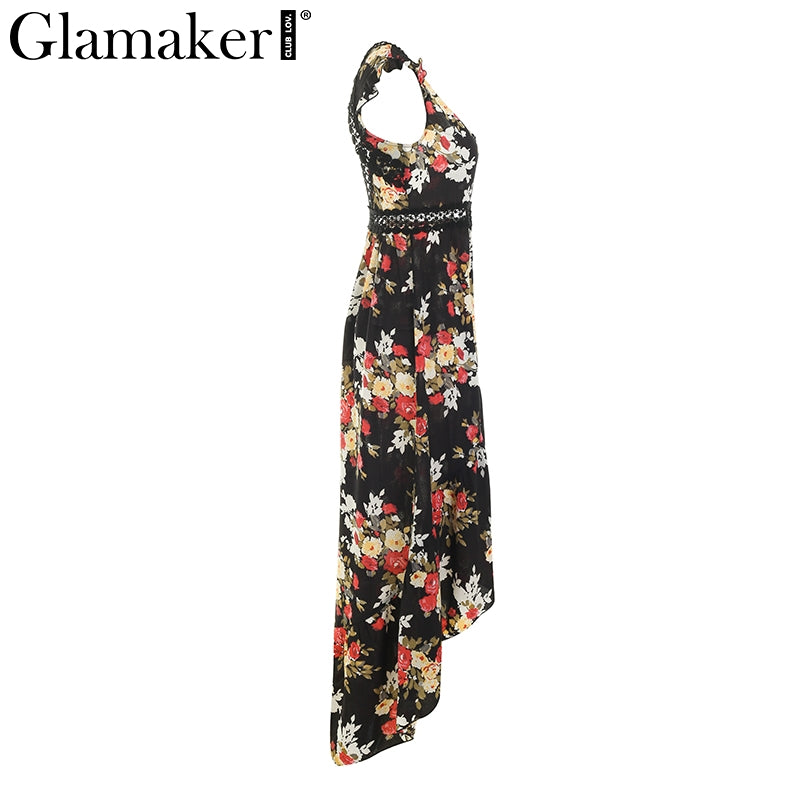 Glamaker   deep V neck backless summer dress Women floral print bohemian maxi dress Hollow out irregular long dress vestidos