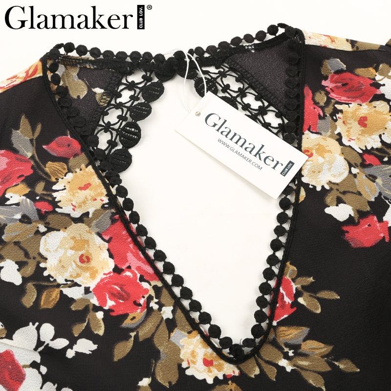 Glamaker   deep V neck backless summer dress Women floral print bohemian maxi dress Hollow out irregular long dress vestidos