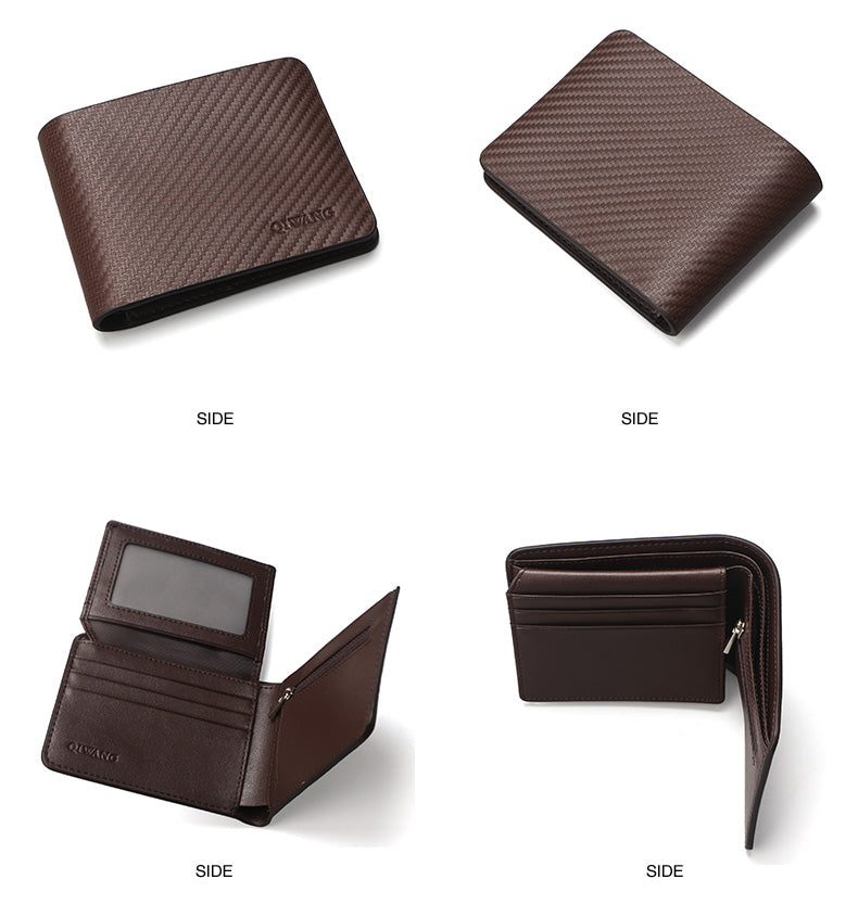Qi Wang Wallet for Men Carbon Wallet Genuine Leather small wallet Men Leather Thin Wallet Male Slim  Man Card purse Money Bags
