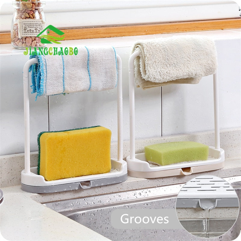 Kitchen Countertop Towel and Sponge Rack with Drain