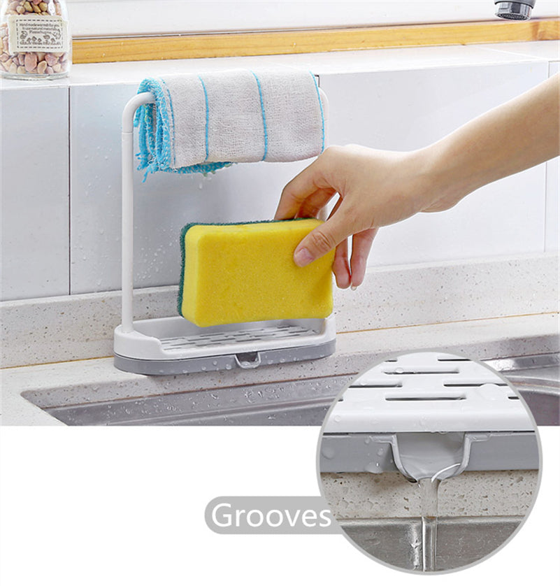 Kitchen Countertop Towel and Sponge Rack with Drain