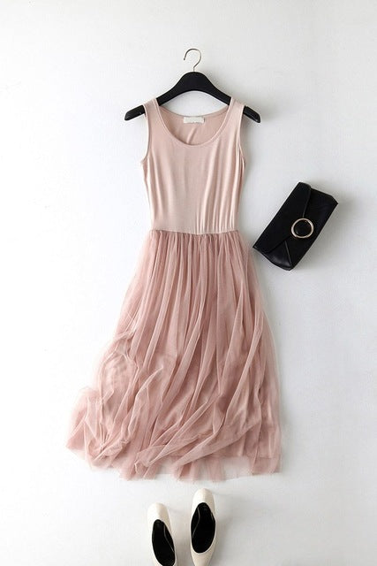 New   Lace Vest Dress Women Sleeveless O-neck Loose Spaghetti Strap Spring Summer Dress Cotton Elegant Party Dresses BL1490