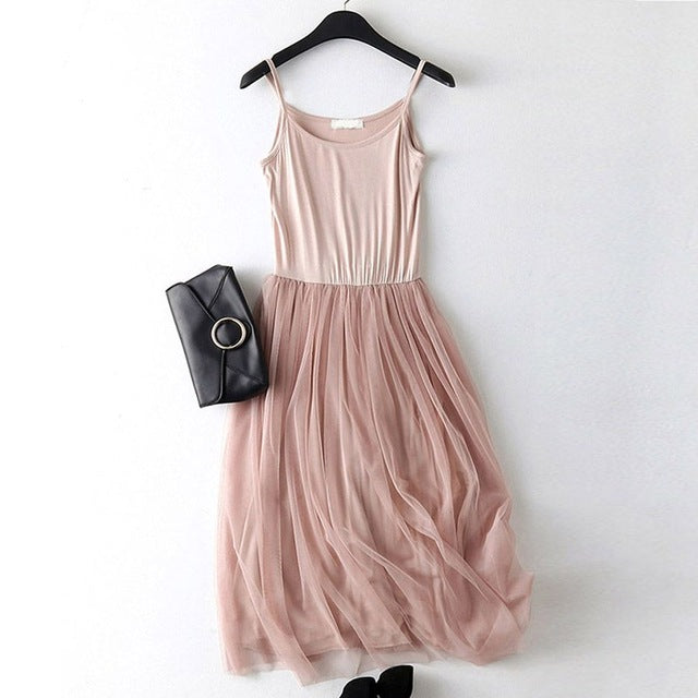 New   Lace Vest Dress Women Sleeveless O-neck Loose Spaghetti Strap Spring Summer Dress Cotton Elegant Party Dresses BL1490