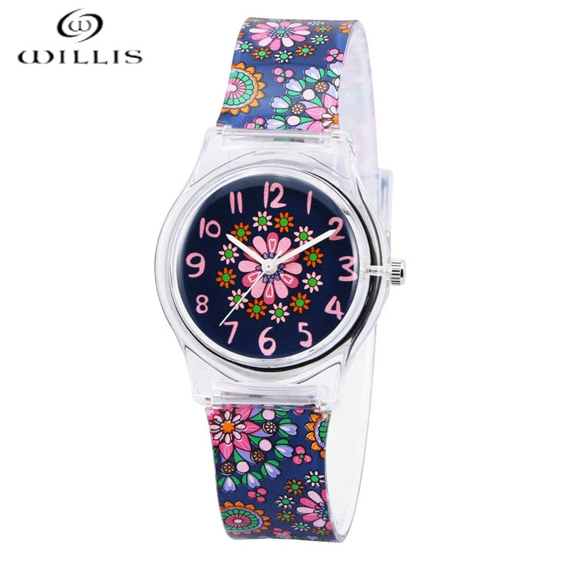 WILLIS Brand Leisure Women Waterproof Watch Flowers Pattern Students Kid Women Quartz Wrist Waterproof girl Silicone clock Watch