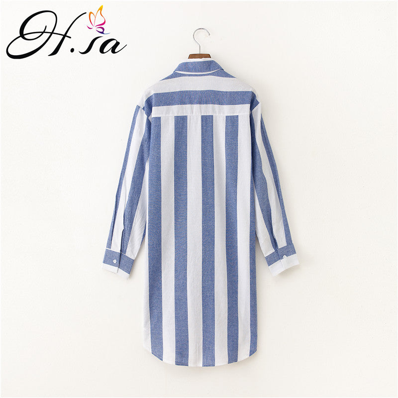 H.SA Blusas Feminina Long Sleeve Blue Strip Blouse Women Cartton Embroidery Blusas Mujer Loose Oversized Long Shirt Tops