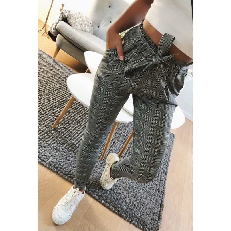 Women's Gray Plaid Ankle-Length Business Casual Office Pants