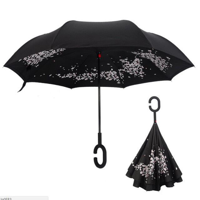 Double Layer Inverted Reverse Folding Windproof UV Protection Umbrellas with C-Shaped Handle