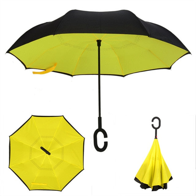 Double Layer Inverted Reverse Folding Windproof UV Protection Umbrellas with C-Shaped Handle
