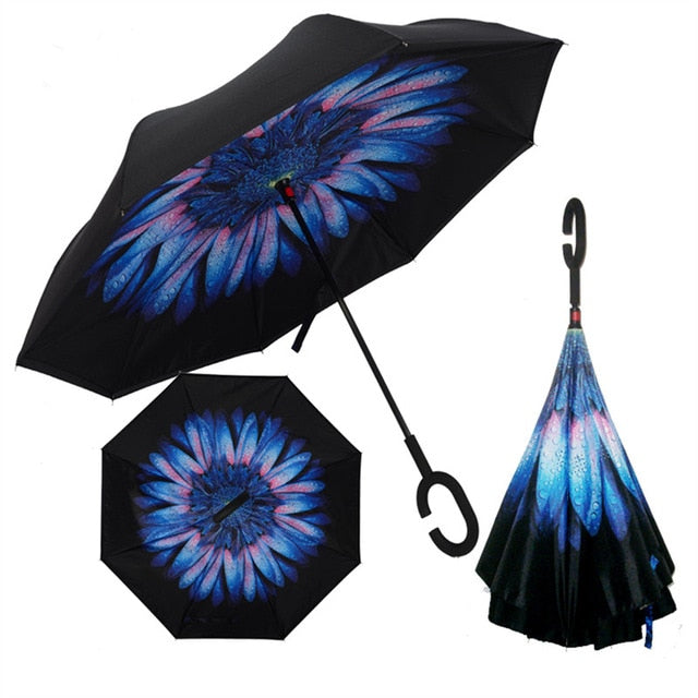 Double Layer Inverted Reverse Folding Windproof UV Protection Umbrellas with C-Shaped Handle