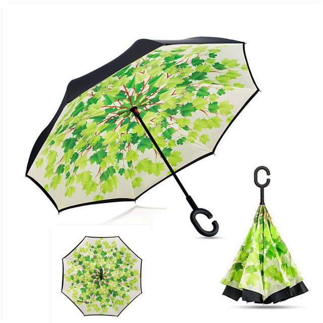 Double Layer Inverted Reverse Folding Windproof UV Protection Umbrellas with C-Shaped Handle