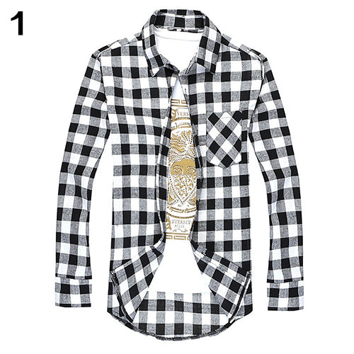 Men's Fashion Casual All-Match Plaid Pattern Long-Sleeved Slim Fit Shirt Top
