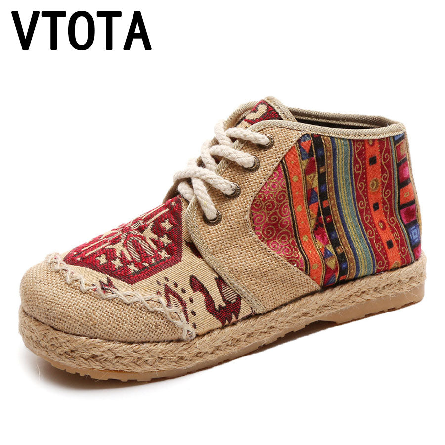 VTOTA Embroider Shoes Women Ankle Boots Flat Autumn Shoes Comfortable Lace-Up Old Beijing Cloth Shoes Flats Botas F23