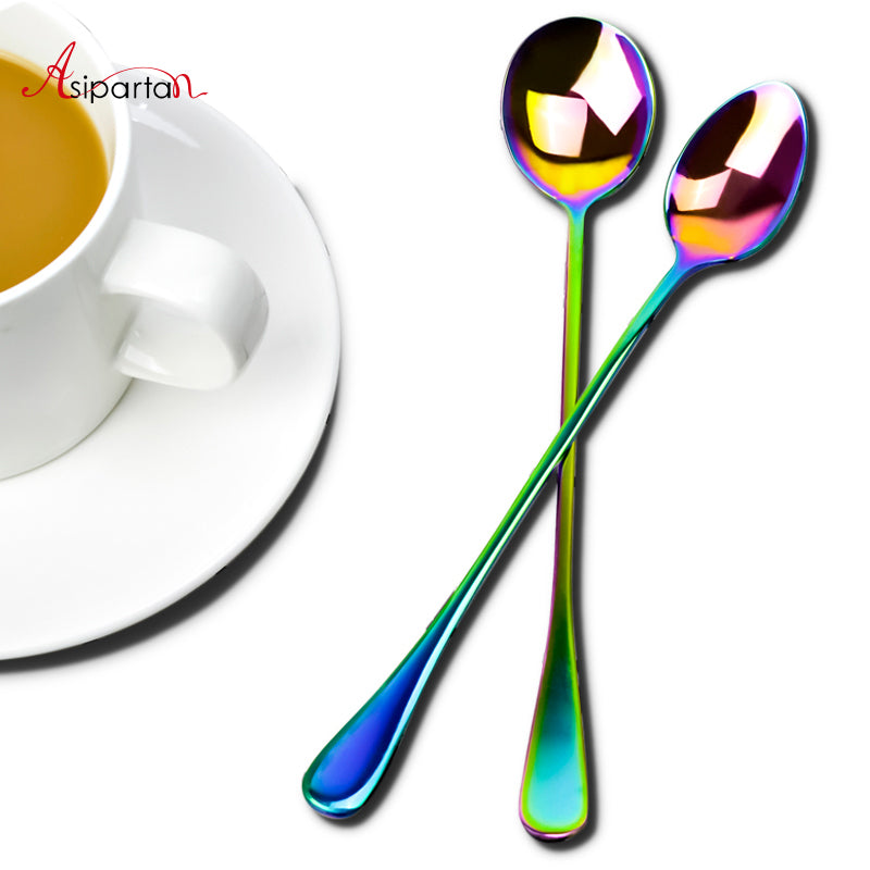 Asipartan Stainless Steel Rainbow Long Handled Coffee Scoops Cold Drink Stirring Spoon For Dessert Cake Tea Coffee Scoop 19.4cm