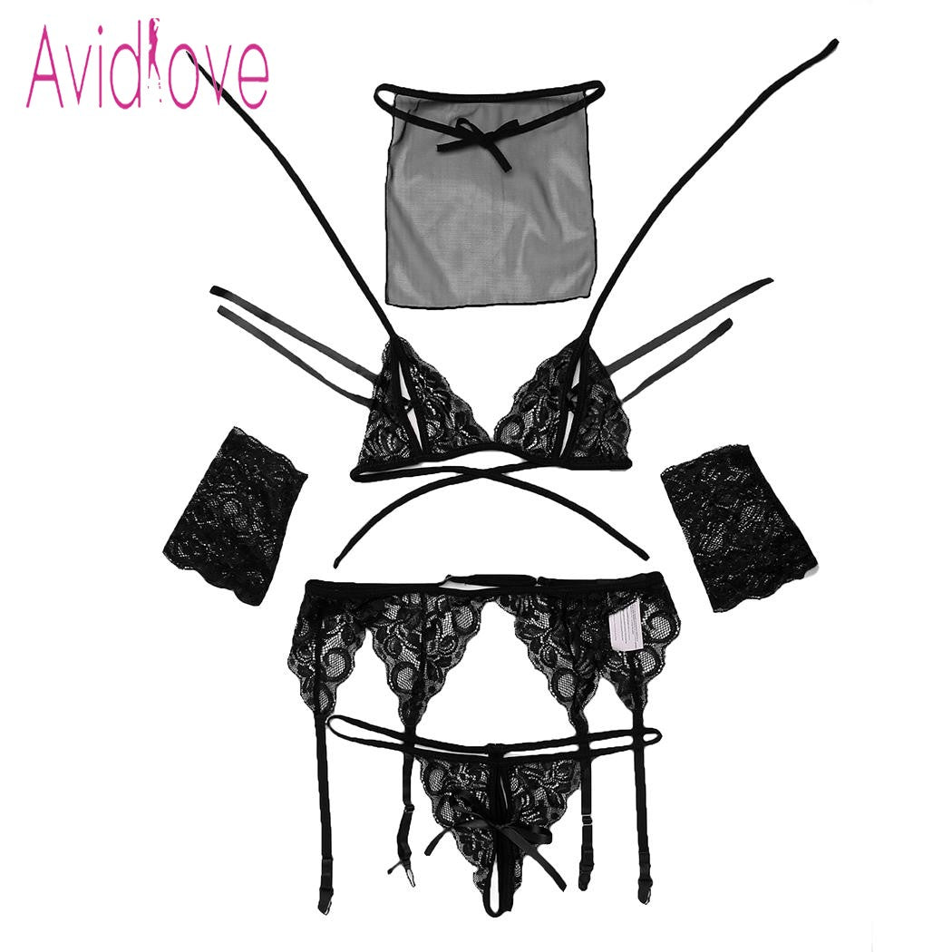 Women   5 Pieces Lingerie Set Lace Bra with Thong Brief Garter Floral Underwear Baby Doll Exotic Clothes