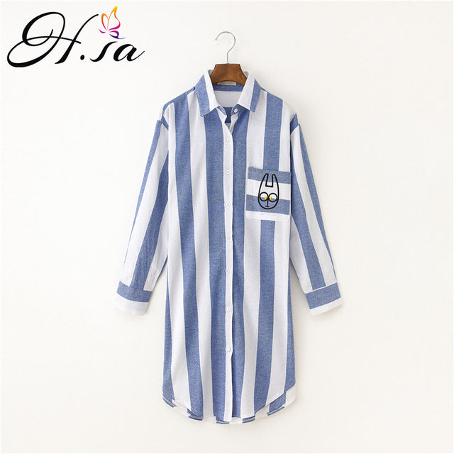 H.SA Blusas Feminina Long Sleeve Blue Strip Blouse Women Cartton Embroidery Blusas Mujer Loose Oversized Long Shirt Tops