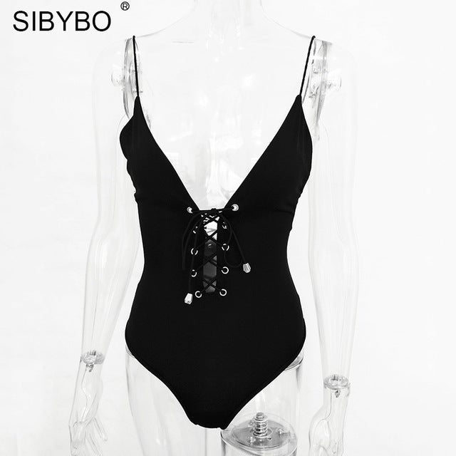 Sibybo   Lace Up Bodysuit Women Summer Backless Deep V Neck Slim Playsuit Bodycon Rompers Womens Jumpsuit Overalls Tops