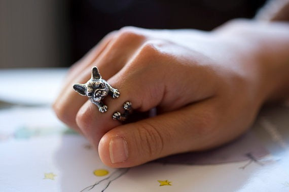 Retro Animal Handmade French bulldog ring Ring Fashion Antique Gold Silver Vintage Adjustable Rings for women JZ315