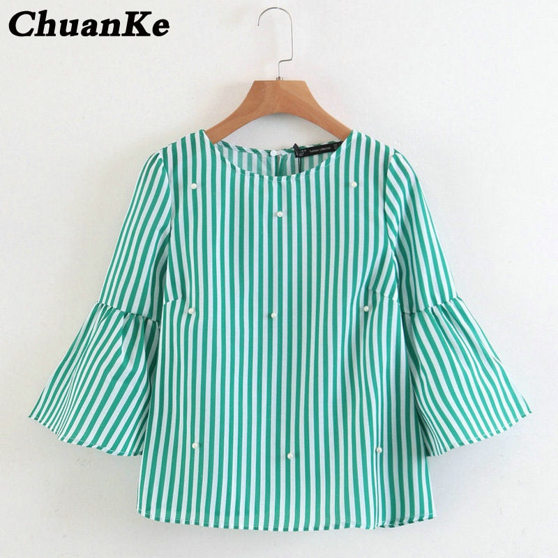 New women elegant pearls beading striped shirt flare sleeve O neck Blouses ladies summer brand casual tops Tees blusas