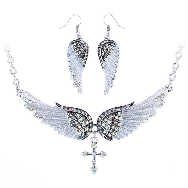 Yacq Angel Wing Cross Necklace Earrings Sets Women Biker Bling Jewelry Birthday Gifts for Her Wife Mom Girlfriend