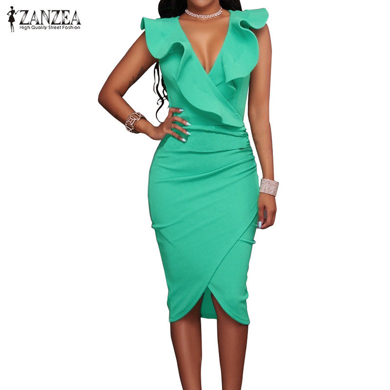 ZANZEA Women Summer Dress   Sleeveless V Neck Pencil Party Dresses Ladies Ruffles Bodycon Slim Midi Club Vestidos