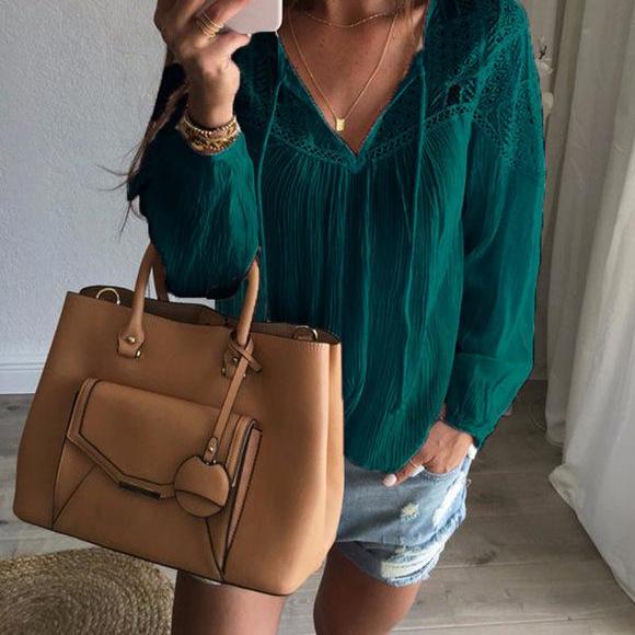 Women's Loose Fit Lace Crochet V-Neck Blouse