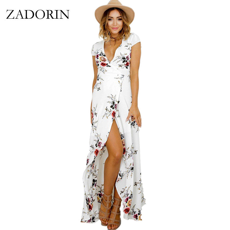 ZADORIN Long Summer Beach Dress Women   Deep V Floral Chiffon Maxi Dress Front Split Bohemian Dresses robe ete