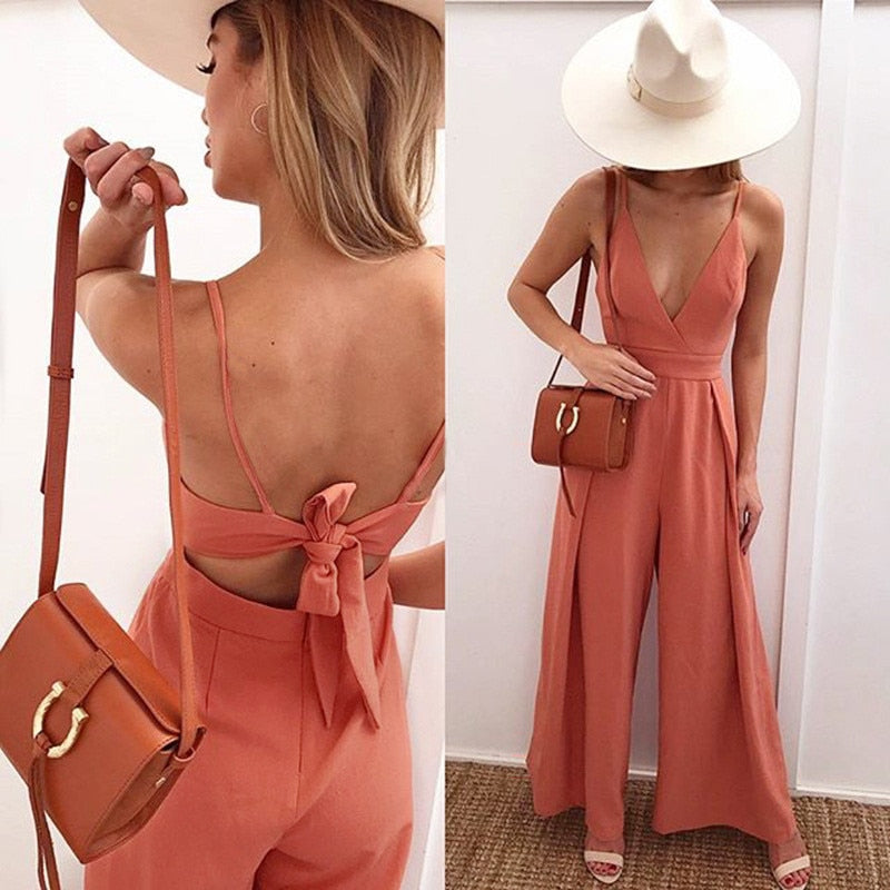 Women's V-Neck Backless Strap Jumpsuit Romper