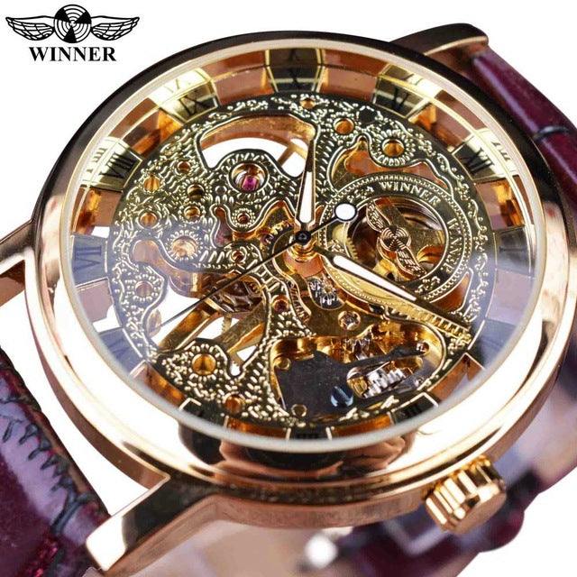 Men's Luxury Skeletal Brown Leather Strap Watches