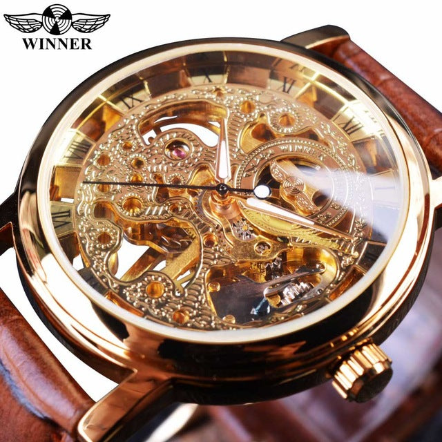 Men's Luxury Skeletal Brown Leather Strap Watches
