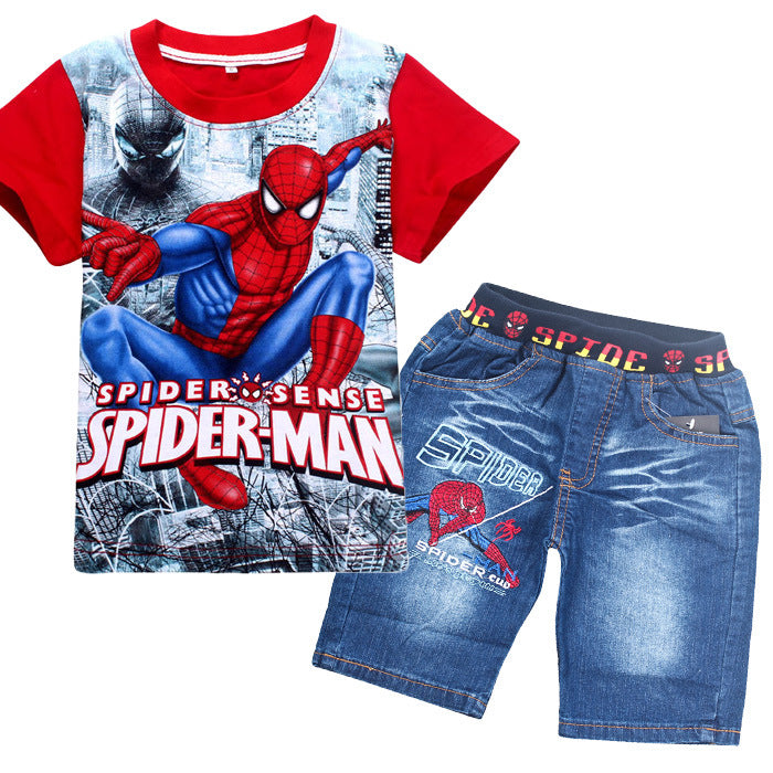 Retail spiderman kids clothing sets fashion cartoon children summer shirt jeans shorts set toddler boys superman clothing