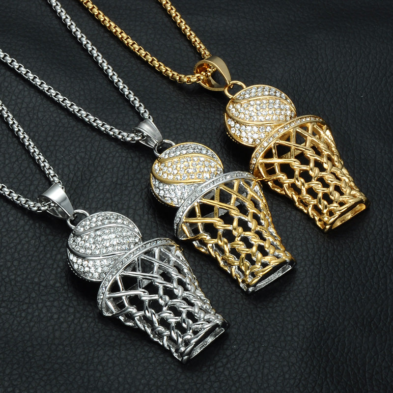 HIP Hop Bling Iced Out Gold Full Rhinestone Basketball Pendants Necklaces 316L Stainless Steel Sports Necklace for Men Jewelry