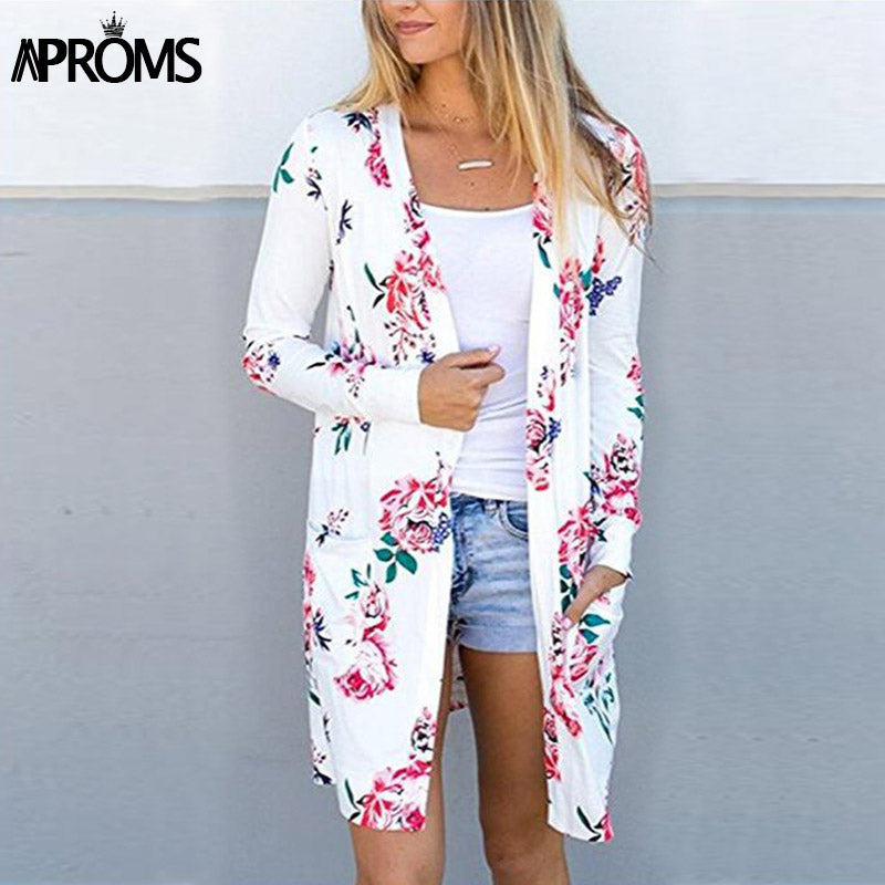 Aproms Cute Floral Print Basic Cardigan Coat Women Plus Size Open Stitch Jacket Streetwear Fashion Coats Female Outerwear