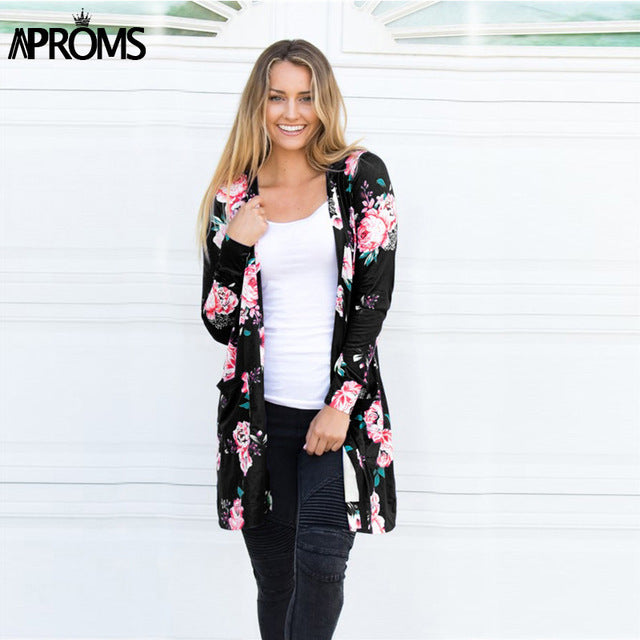Aproms Cute Floral Print Basic Cardigan Coat Women Plus Size Open Stitch Jacket Streetwear Fashion Coats Female Outerwear
