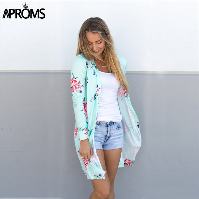 Aproms Cute Floral Print Basic Cardigan Coat Women Plus Size Open Stitch Jacket Streetwear Fashion Coats Female Outerwear