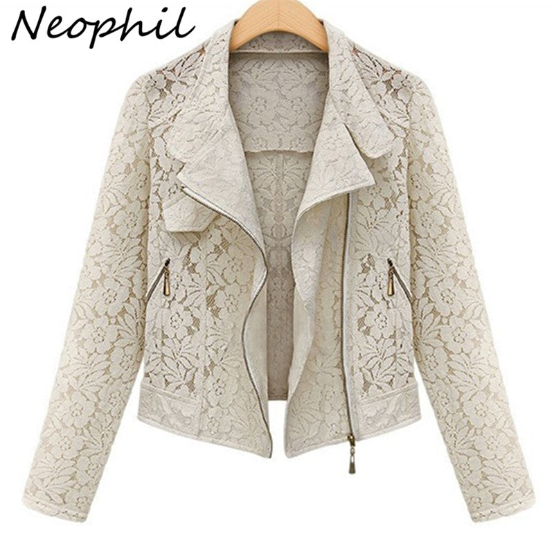 Neophil Autumn Winter Fashion Long Sleeve Zipper Hollow Out Lace Biker Black Short Jackets Ladies Office Work Wears C08015