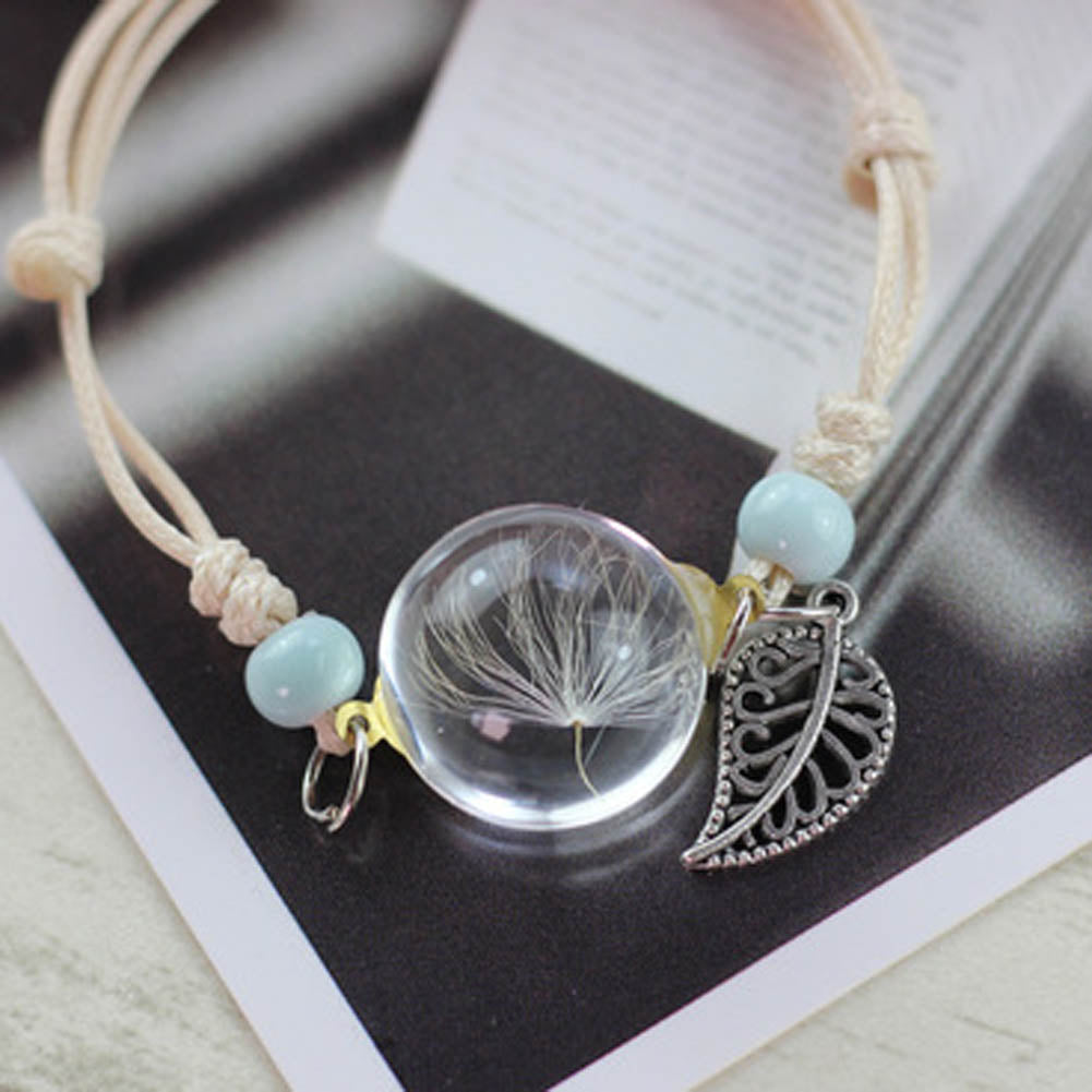 Boho Vintage Charm Bracelet Handmade Real Dry Flower Glass Ball Weave Adjustable Bracelets Bangle for Women Fashion