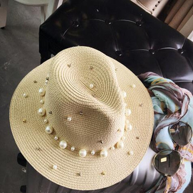 Women's Summer British Pearl Beaded Straw Hat