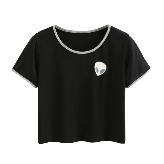 Women Hipster Harajuku Cute Stripe Short Sleeve Cotton Tshirts Crop Top Tee Alien Embroidery T Shirt