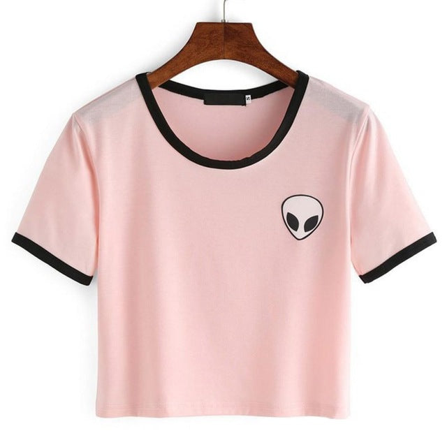 Women Hipster Harajuku Cute Stripe Short Sleeve Cotton Tshirts Crop Top Tee Alien Embroidery T Shirt