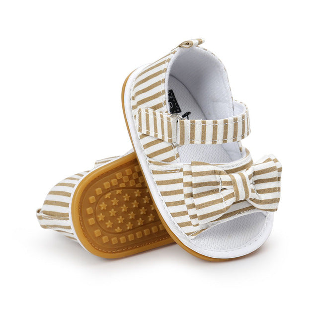 Newdesign Baby Girl Gingham Or Stripe Butterfly-knot Hook & Loop Flat Heel Summer Sandals For (0-18) Months Baby