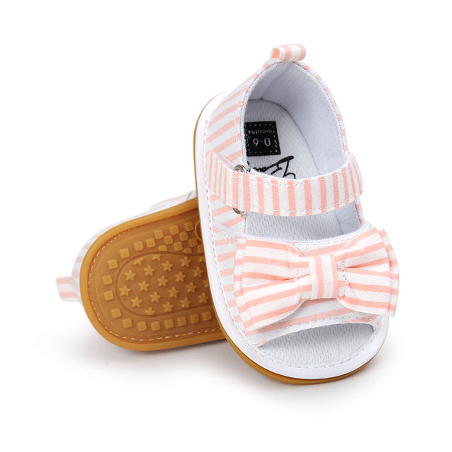 Newdesign Baby Girl Gingham Or Stripe Butterfly-knot Hook & Loop Flat Heel Summer Sandals For (0-18) Months Baby