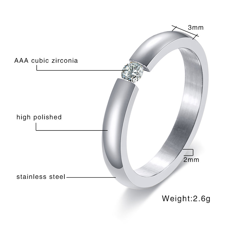 3mm Polished Stainless Steel Women's Single Cubic Zirconia Wedding Ring